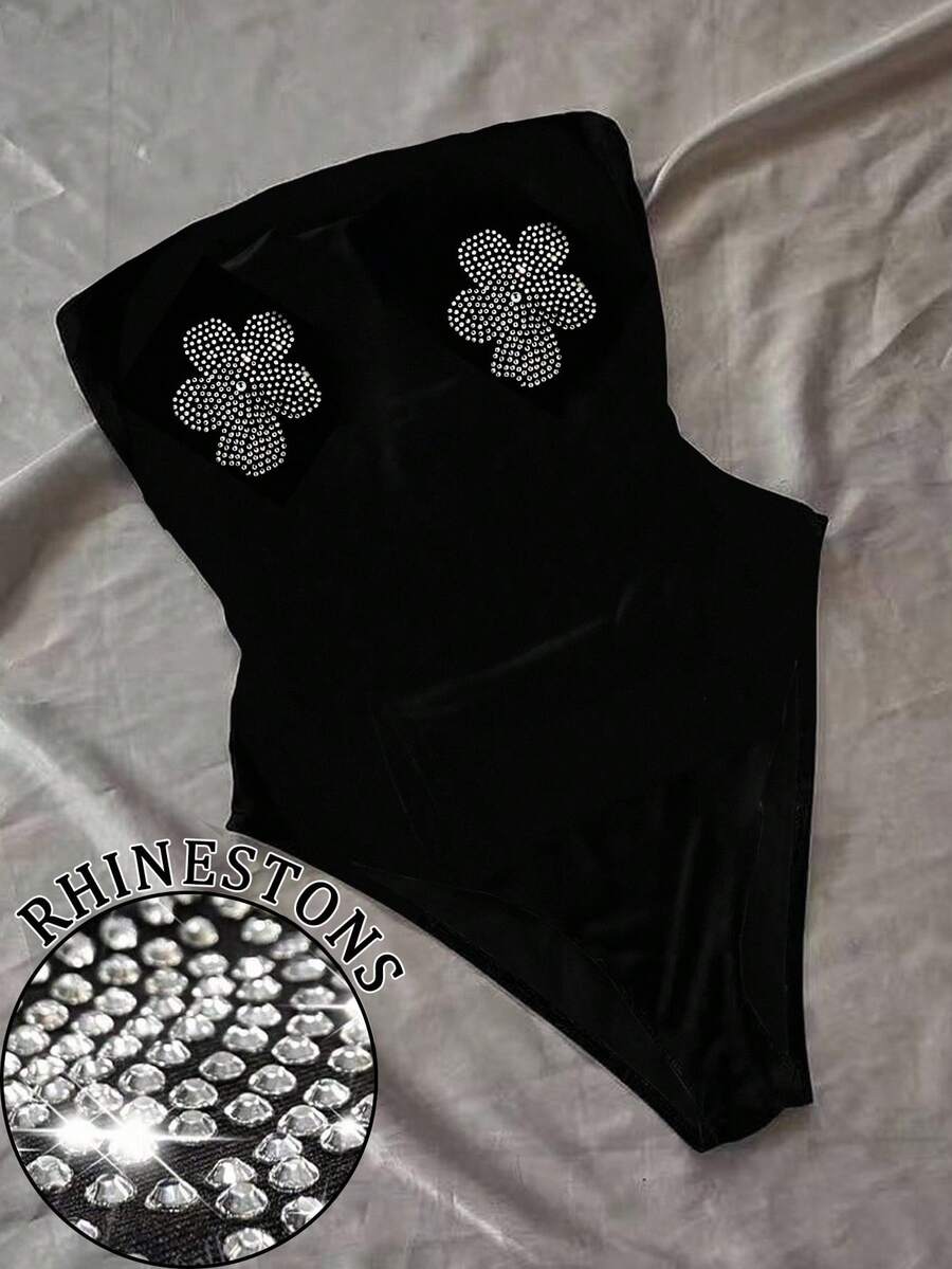 SHEIN Women's Rhinestone Flower Pattern Fashion Bandeau Bodysuit - Black - View 1