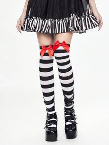 ROMWE Grunge Punk 1 par de calcetines por encima de la rodilla a rayas blancas y negras con decoración de lazo color rojo oscuro - Blanco y Negro - Ver 1