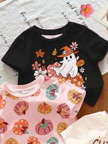 SHEIN Bộ 3 áo thun ngắn tay cổ tròn dễ thương cho bé gái Happikins màu trắng kem, hồng kem, đen với họa tiết nơ mùa thu, bí ngô và ma quỷ, thích hợp mặc ngoài trời, dạo phố, ở nhà, dự tiệc, đa năng cho mùa Halloween và thu. - Nhiều màu - Xem 5