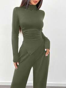 Almamuse 2pcs/Set Asymmetric Ruched Hem Long Sleeve Top And Wide Leg Pants Suit - Army Green - View 4