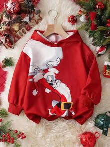 LOONEY TUNES X SHEIN Young Boy Cartoon Christmas Pattern Hooded Long Sleeve Sweatshirt Fall Winter - Red - View 1