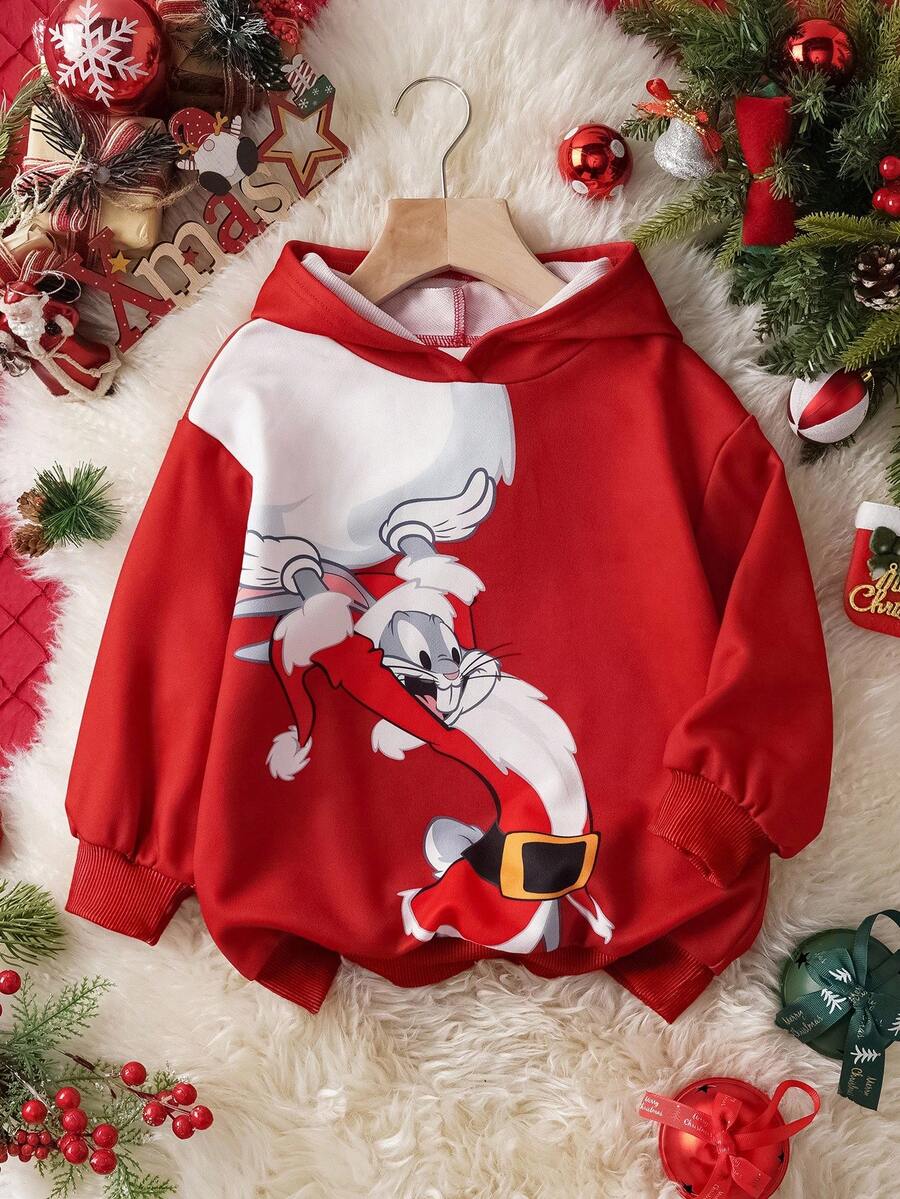 LOONEY TUNES X SHEIN Young Boy Cartoon Christmas Pattern Hooded Long Sleeve Sweatshirt Fall Winter - Red - View 1