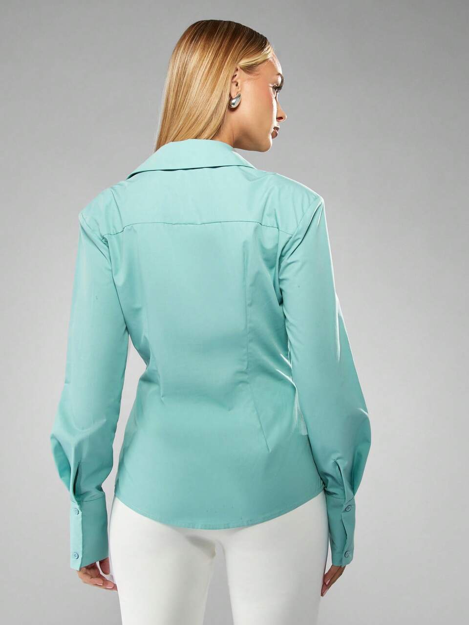 MISSGUIDED Mint Button Down Long Sleeve Collared Blouse With Shoulder Pads Cinched Waist Office Professional Shirt Christmas