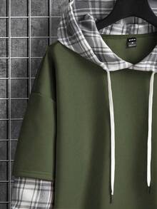 Manfinity Homme Loose Men Plaid Patched Pocket Drop Shoulder Drawstring 2-In-1 Hoodie - Army Green - View 3