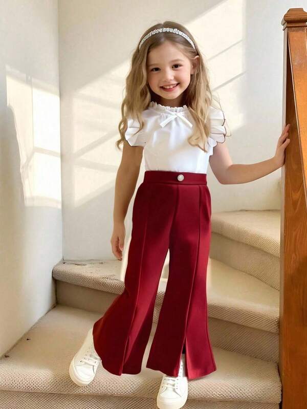 2pcs Young Girl Elegant Cap Sleeve Top And Bell Bottom Pants Set, Summer