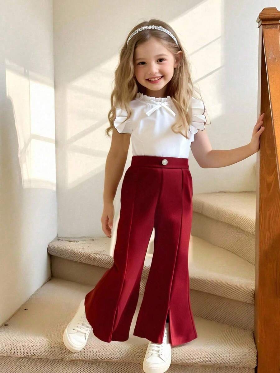 2pcs Young Girl Elegant Cap Sleeve Top And Bell Bottom Pants Set, Summer - Burgundy - View 1