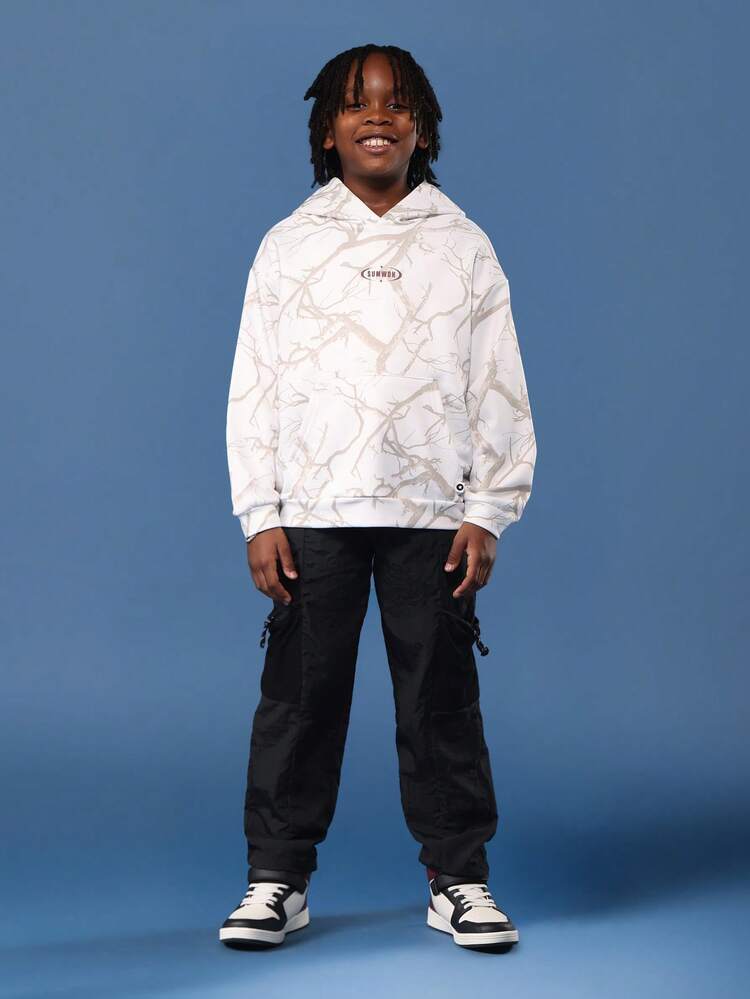 White Branch Pattern Pullover Hoodie With Centre Pocket