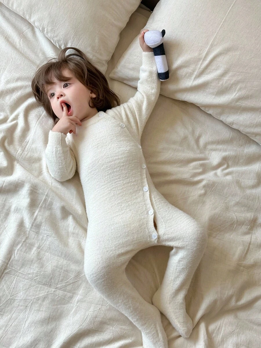 DAZY Baby Girl Solid Color Korean Style Knitted Jumpsuit Fall, Winter Toddler Girls Clothes - Beige - View 1