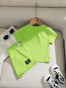 SHEIN 寶寶男/女字母印花短袖T恤和裝飾格紋休閒短褲2件套裝