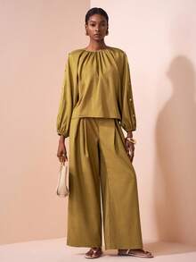 Zivah Blusa de manga larga con botones de perla para uso casual, de vacaciones, cruceros, viajes y trayectos, pantalones de pierna ancha - Caqui - Ver 4