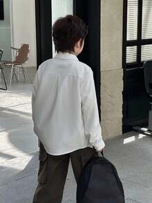 Mirajuku Tween BoyCasual Minimalist Letter Print Design White Long Sleeve Shirt, Suitable For Casual And Work Wear - White - View 2