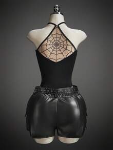 SHEIN ICON Women's Millennial Style Y2K Halloween Cosplay Sexy Personalized Avant-Garde Fashion Simple Mesh Spiderweb Pattern Black Backless Slim Top - Multicolor - View 12