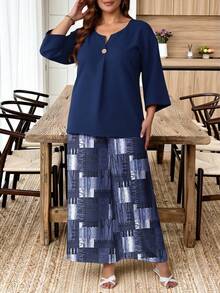 EMERY ROSE Plus Size Navy Blue Minimalist Line Print Comfortable Casual 2 Pieces Set - Multicolor - View 5