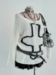 Sunspun Damen lässiger, weiter Pullover mit Taschen, Langarm, ausgeschnitten, Große Größen - Weiss - Übersicht 4