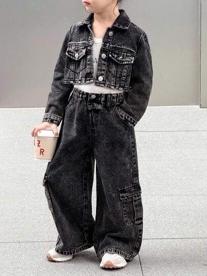 SHEIN 2 件套年轻女孩深灰色牛仔翻领长袖短外套和宽松裤子