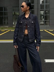 DAZY 女士休闲水洗牛仔上衣和阔腿裤套装，秋季