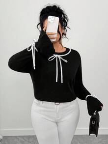 Elenzga Suéter de cuello redondo de manga larga con lazo y bloque de color para tallas grandes - Blanco y Negro - Ver 5