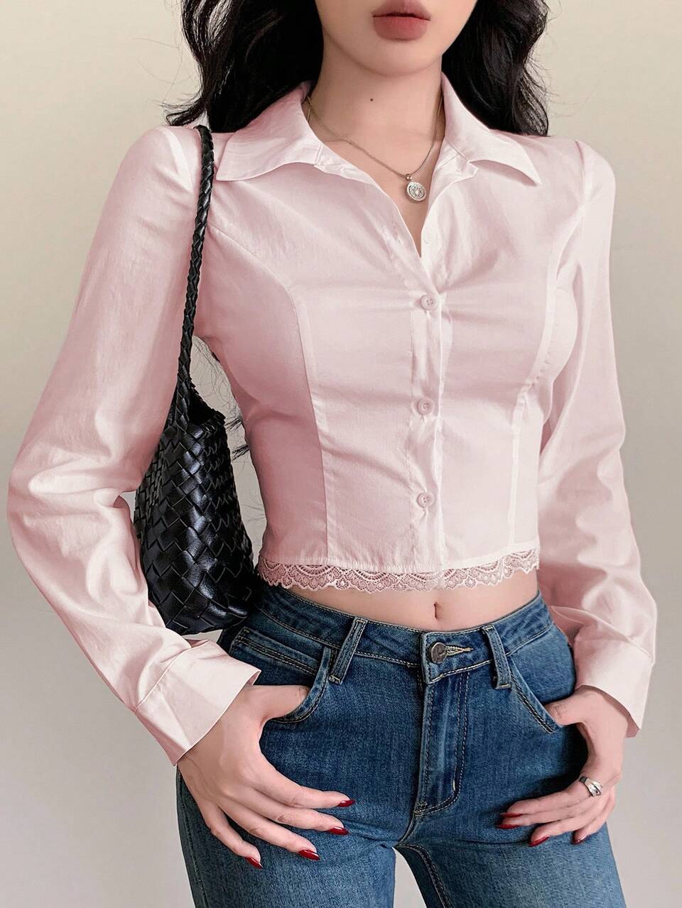 Sexy Fishbone Stitching Collegiate Style Slim Fit, Hollow Lace Patchwork Elegant Long Sleeve Blouse For Office Wear, Spring/Autumn Y2k