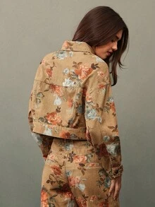 WESTFADE Collared Button Front Western Seamed 100% Cotton Denim Flower Print Jacket Boho, Fall, Autumn, Winter, Country Concert - Brown - View 2