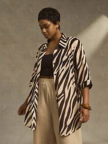Linhara Áo sơ mi dáng rộng, tay 3/4, họa tiết ngựa vằn cỡ lớn dành cho nữ - Màu be - Xem 3