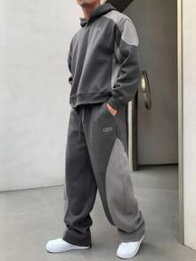 DAZY 男士秋季连帽衫和裤子套装，撞色拼布和字母刺绣，保暖内衬，舒适服装 - 灰色 - 查看 4
