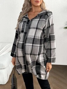 SHEIN Plaid Print Raglan Sleeve Front Zipper Hooded Maternity Jacket For Women - Multicolor - View 3