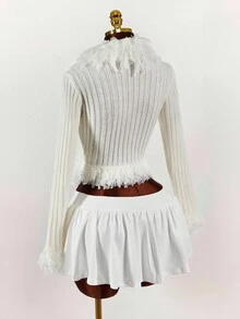 Y2K Amplova New Year Amplova Women Tassel V-Neck Slim-Fit Sexy Casual Woolen Top Tassel Tight Fit Sexy Bell Sleeve Cardigan Sweater Autumn Winter Clothes For Women - Apricot - View 7