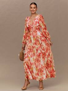 Enchnt Women's Floral Print Deep V-Neck Lantern Sleeve Waist Ruched Elegant Dress - Yellow - View 5