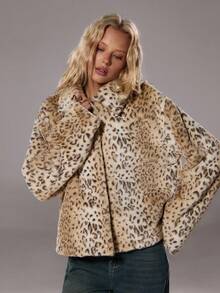 TRNVIE 1pc Brown Fuzzy Leopard Print Lapel Collar Relaxed Fit Lined Jacket, Suitable For Office, Commuting, Casual Wear In Autumn/Winter