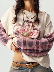 Bohemela Blusas holgadas de punto con parches, cuello redondo y manga larga caída para mujeres