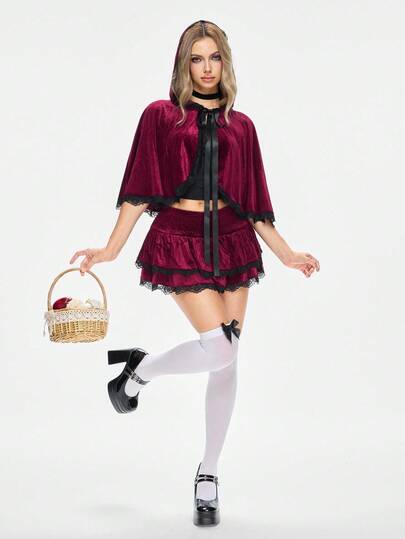 ROMWE Avant 2pcs Women's Halloween Cosplay Little Red Riding Hood Cloak & Mini Skirt Set