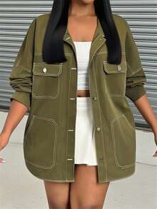 Slaydiva 大码秋冬新款女装，宽松休闲超大款工装外套，外缝拼接设计，橄榄绿大码女式外套 - 綠色 - 查看 12