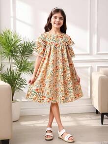 Tween Girls Sweet Animal & Ditsy Floral Double Ruffle Sleeve Flared Dress - Multicolor - View 4