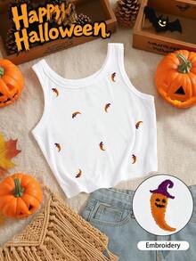 INAWLY Halloween Ghost Chili Pepper Embroidered Women Round Neck Tank Top - White - View 1
