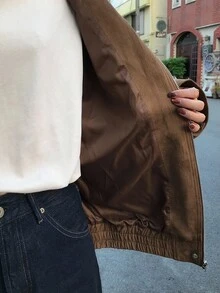 FRIFUL Áo khoác nữ vải da lộn màu nâu trơn cổ đứng vai trễ tay dài túi lớn viền trang trí rộng rãi thường ngày đa năng, mùa thu - Cà phê nâu - Xem 4