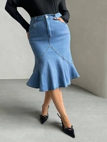 Auralis Váy đuôi cá denim xòe sang trọng thanh lịch co giãn cao cỡ lớn - Rửa trung bình - Xem 4