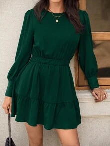 EMERY ROSE 素色後鎖孔荷葉邊紐扣細節洋裝 - 墨綠色 - 查看 4