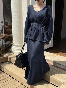 DAZY Women's Loose Casual V-Neck Waist Denim Suit, Autumn/Winter - Blue - View 3