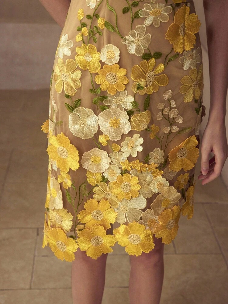 ELEGANT EMBROIDERED ASYMMETRICAL HEM DRESS