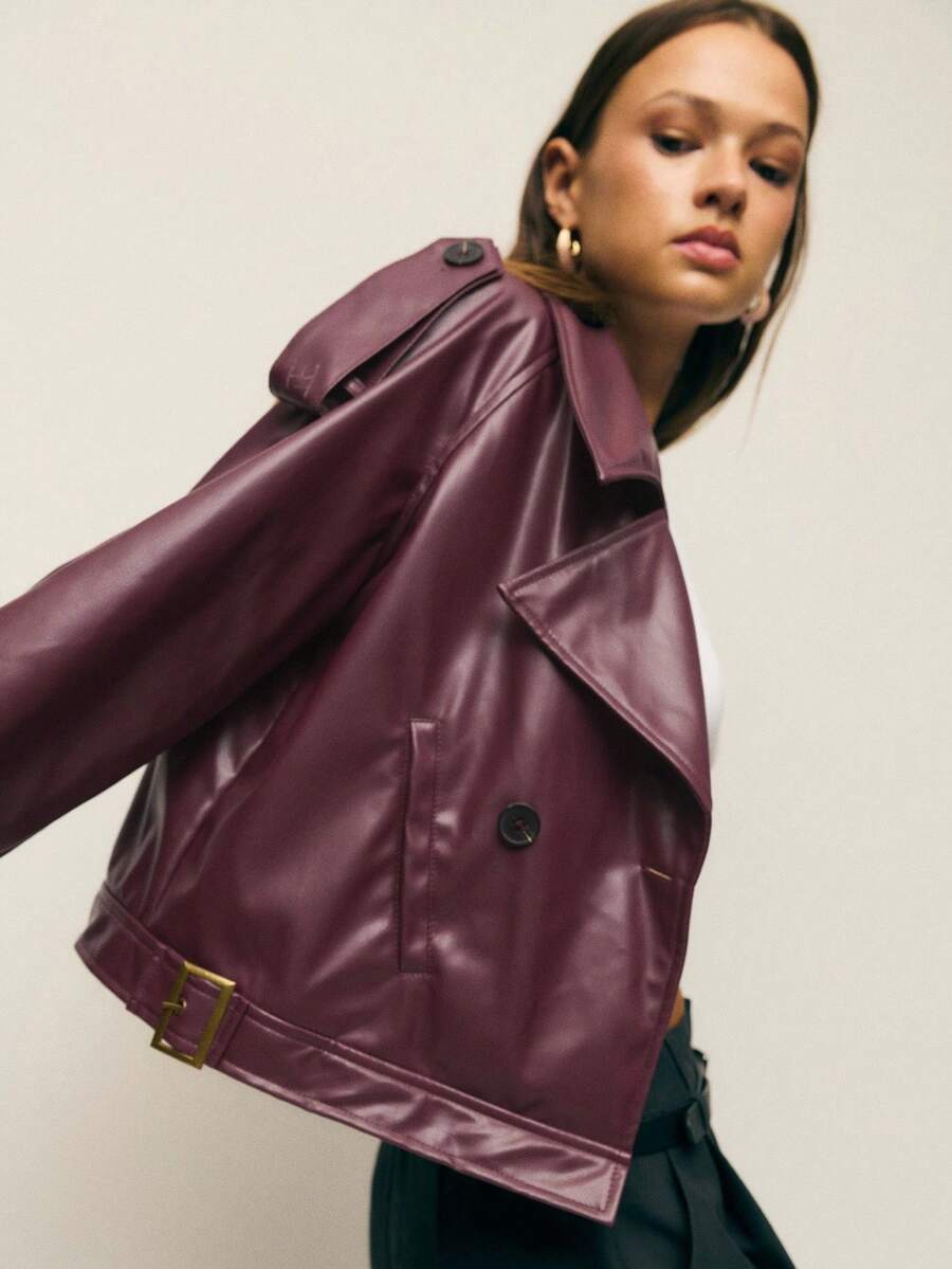 Nöista Pu Leather Jacket Gives A Bold Upgrade To Fall For Women And Alternative Winter Clothes Women Love. With Oversized Lapels, Button Detailing, And Edgy Buckle Straps, It's A Must-Have For Halloween Or Statement Fall/Winter - Burgundy - View 1