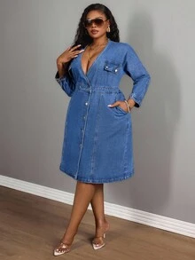 Slaydiva Váy denim hở lưng cỡ lớn dành cho nữ có dây buộc phía sau - Rửa trung bình - Xem 3