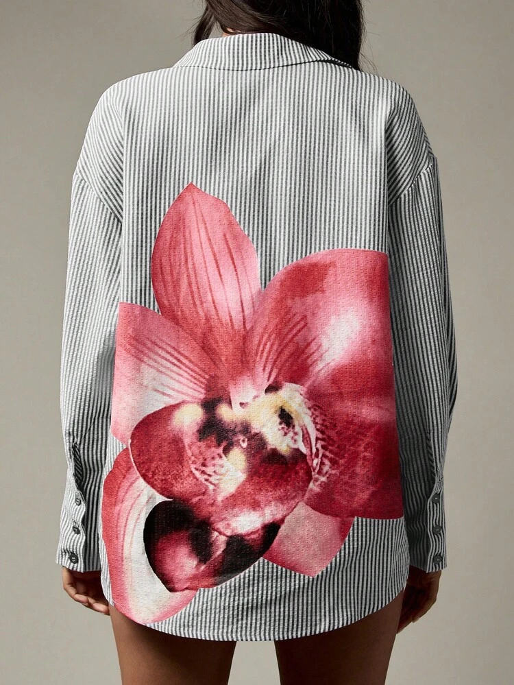 MISSGUIDED Classic Seersucker Button Down Oversized Shirt With Floral Back Design Long Sleeve Collared Office Casual Spring Fall Blouse