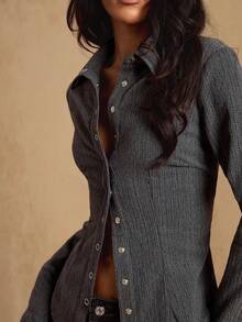 Glamine Chemise décontractée élégante en gris foncé tissé, sans stretch, col à revers, fermeture par boutons devant, poignets évasés, blouse à manches longues pour femmes, printemps/automne - Gris foncé - Voir 1