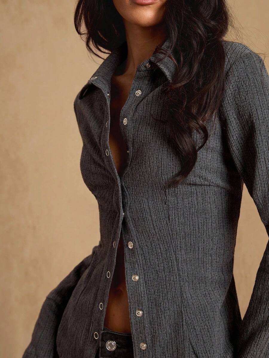 Glamine Chemise décontractée élégante en gris foncé tissé, sans stretch, col à revers, fermeture par boutons devant, poignets évasés, blouse à manches longues pour femmes, printemps/automne - Gris foncé - Voir 1