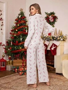 SHEIN Christmas Cartoon Print Long Sleeve Top & Pants Pajama Set, Fall Winter Clothes - White - View 2