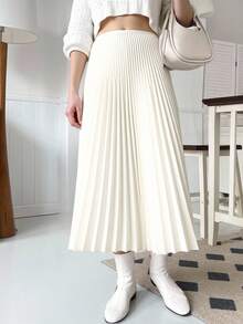 DAZY Women's Solid Color A-Line Skirt, Autumn/Winter - Beige - View 3
