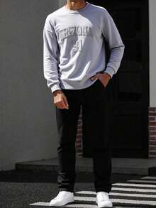 SHEIN 2件套青少年男孩休闲舒适百搭圆领长袖运动衫和直筒裤套装 - 彩色 - 查看 2