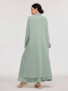 Veilorie 2 件套女士春夏纯色落肩口袋宽松长款衬衫和 A 字裙休闲装 2 件套 - 綠色 - 查看 2