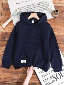SHEIN Tween Boys' Embossed Letter Casual Oversized Men Hoodie Sweatshirt, Comfortable, Stylish, Versatile, Soft Fabric, Suitable For Daily Wear, School, Outings, Outdoor Activities, Autumn/Winter Boys Hoodie Kids Hoodie  Sweatshirts  Halloween   Hoodie Navy Blue Hoodie Dark Blue Hoodie Cotton Hoodie Hoodie With Pocket Fall Autumn And Winter Teen Hoodie