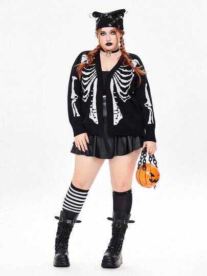 Goth Plus Size Women Gothic Skeleton Print Drop Shoulder Loose Cardigan, Knitted Autumn/Winter